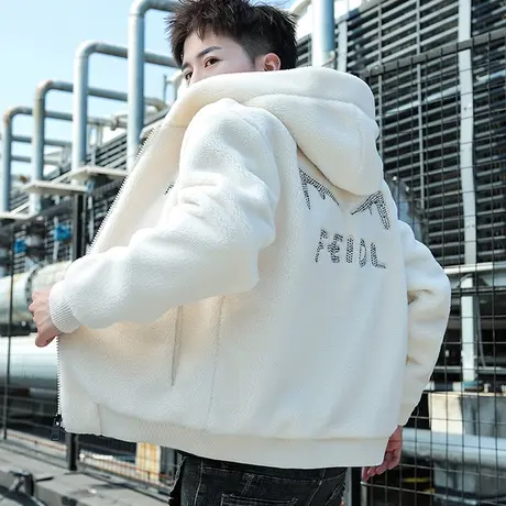 冬季新款潮男夹克男学生韩版帅气颗粒绒情侣保暖加厚外套连帽棉衣商品大图