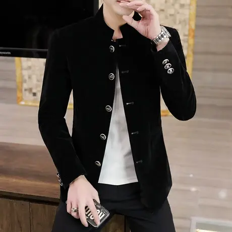 外套男士潮流时尚中山装西服春季男装金丝绒夹克青年立领休闲西装商品大图