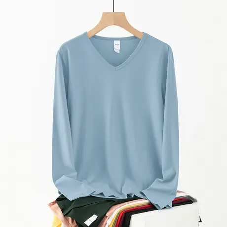 莫代尔长袖t恤男士V领潮流秋季内搭打底衫纯色上衣服体恤秋衣小衫商品大图