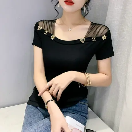 性感露肩网纱拼接T恤女短袖气质百搭上衣夏季2023新款修身小衫潮商品大图