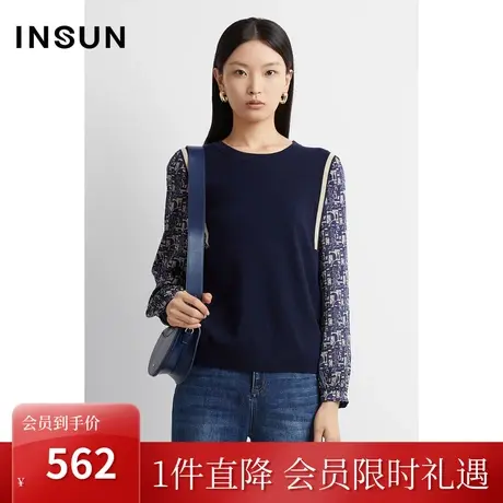 恩裳春秋季时尚拼接复古印花袖简约套头百搭针织衫商品大图