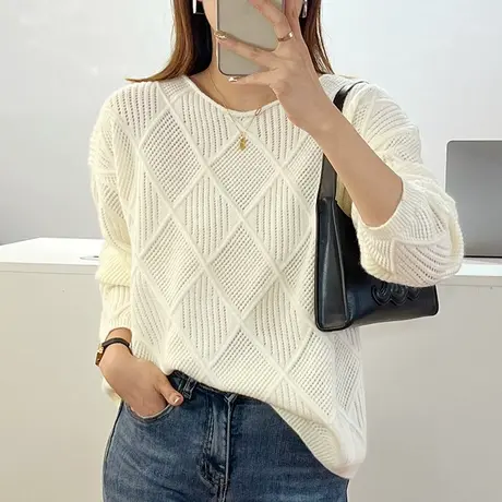 秋季新款圆领镂空菱形针织衫罩衫套头宽松显瘦毛衣早秋长袖上衣图片