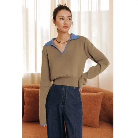 弥古法式小香风针织衫长袖秋季掐腰上衣女小众撞色翻领polo衫收腰商品大图