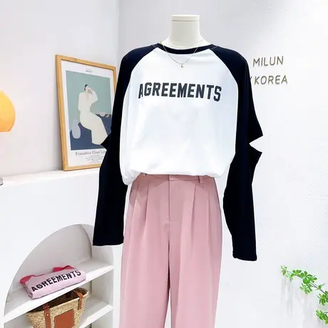 微胖显瘦防晒长袖T恤衫2023夏款韩国东大门字母拼色破洞薄款宽松图片