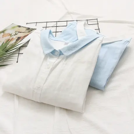 夏季韩版文艺小清新拼色双层纱纯棉七分袖衬衫女宽松学生中袖上衣商品大图