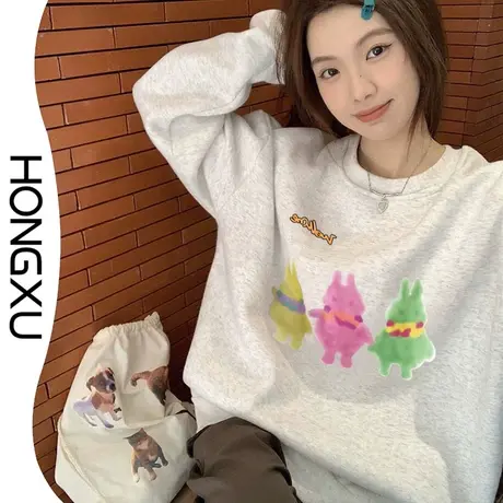 红续秋冬2023新款原宿风学生印花卫衣ins超火宽松显瘦百搭上衣潮商品大图