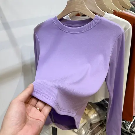 欧货短款高腰圆弧下摆长袖T恤女2023春装新款洋气打底小衫上衣潮图片