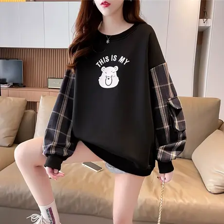 小个子格子拼接卫衣女秋冬季韩版宽松加绒加厚设计感小众上衣外套商品大图