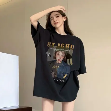 纯棉设计感高街短袖t恤女夏季潮牌美式复古港味chic宽松半袖上衣商品大图