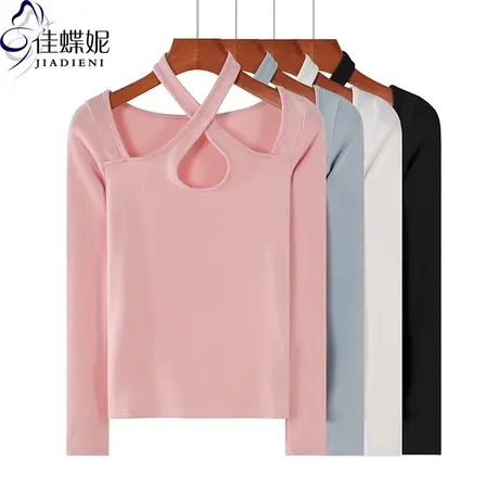 春季新款韩版挂脖领纯棉修身纯色长袖体恤上衣内搭女打底衫纯欲商品大图