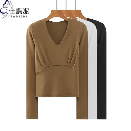 秋冬新款深V领修身加绒加厚保暖纯色褶皱长袖体恤上衣内搭女打底商品大图