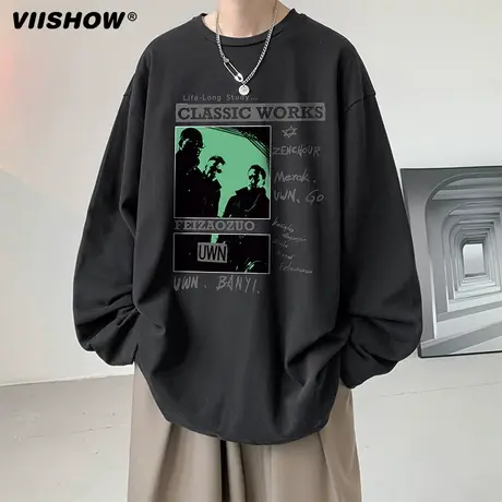 Viishow长袖t恤男春秋款美式高街上衣秋季潮牌重磅纯棉无帽卫衣图片