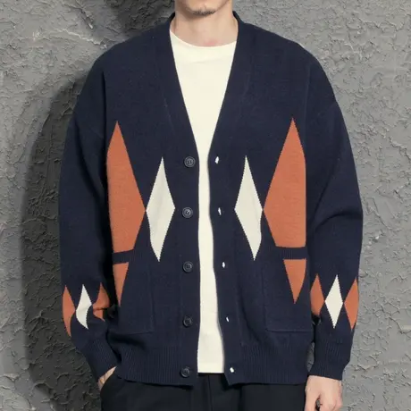 时尚潮牌菱形格子针织开衫男外套国潮宽松针织衫春秋韩版潮流毛衣图片