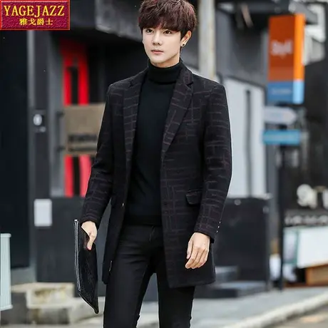 新款条纹男士中长款 风衣男 秋冬韩版修身毛呢大衣加绒加厚外套潮图片