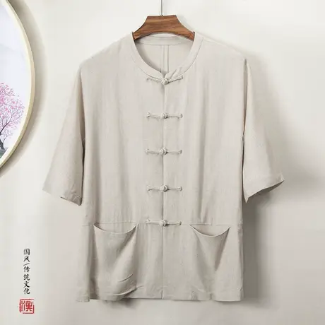 春夏中国风男短袖衬衫盘扣复古亚麻面料中袖上衣民族风格男装打底图片