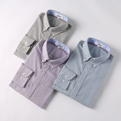 棉衬衫男休闲薄款长袖商务蓝色格子免烫衬衣秋季百搭上衣男士外套商品大图