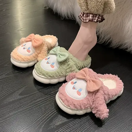 可爱卡通包头棉拖鞋女秋冬季外穿2023新款室内家居蝴蝶结毛绒棉拖商品大图