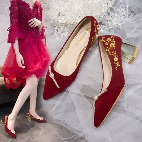 夏季酒红色婚鞋红秀禾鞋女2023年新款中式婚礼粗跟新娘中式高跟鞋图片
