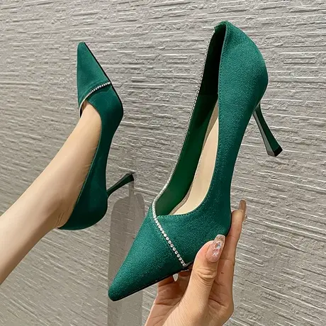 法式少女尖头单鞋女细跟2023年春夏季新款气质性感绒面水钻高跟鞋图片