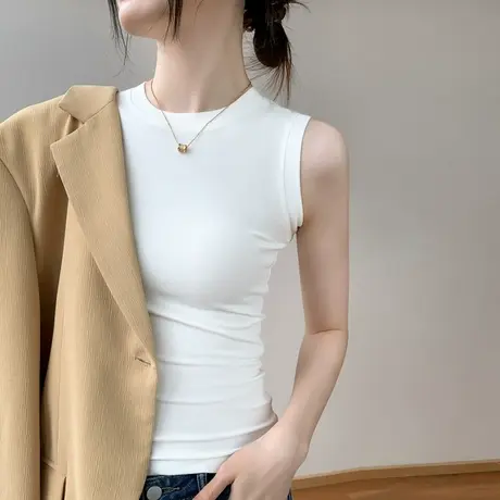 纯白色吊带背心女秋薄款圆领紧身内搭遮副乳莫代尔无袖T恤打底衫图片