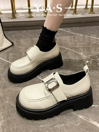 厚底粗跟软皮魔术贴单鞋女2024新款百搭英伦风小皮鞋增高乐福鞋女商品大图