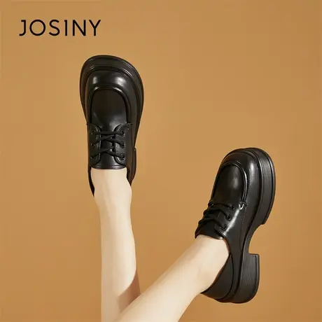 Josiny/卓诗尼系带乐福鞋女2024新款春季黑色厚底小皮鞋增高单鞋商品大图