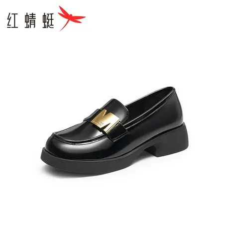 红蜻蜓乐福鞋女2025秋季新款一脚蹬小皮鞋金属扣法式粗跟通勤单鞋图片