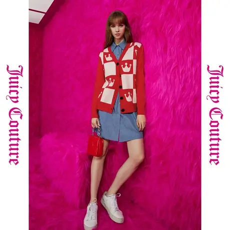 橘滋【秋季新品】红粉皇冠logo纽扣大格纹提花女式外套图片