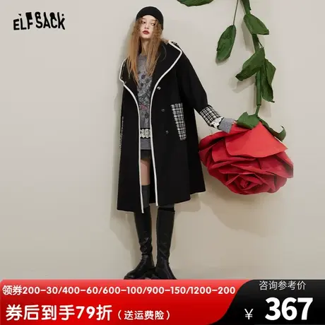 妖精的口袋黑色风衣大衣外套女2022秋冬新款韩系气质长款呢子外套商品大图