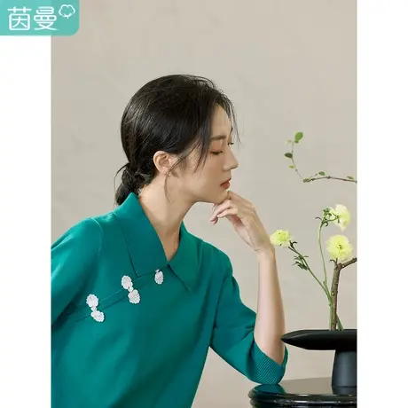 茵曼2023春女装新款复古新中式盘扣翻领五分袖修身显瘦纯色针织衫图片