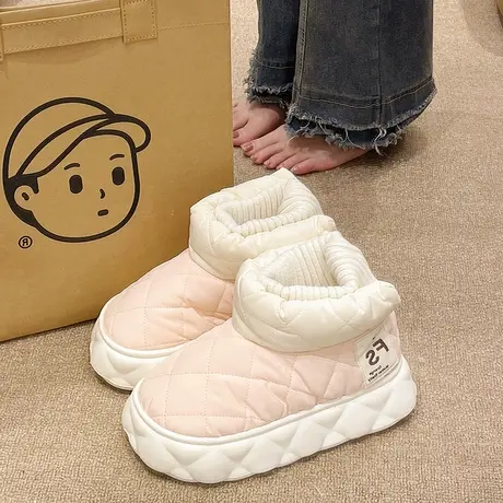 羽绒防水棉拖鞋女冬季时尚外穿月子加绒加厚保暖厚底包跟高帮棉鞋图片