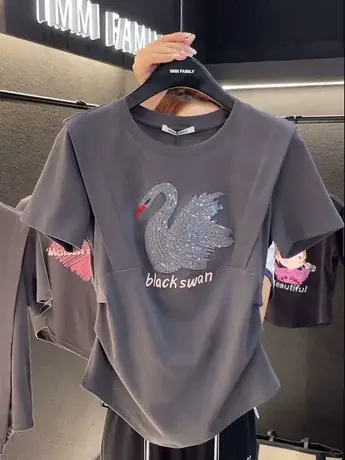 2023夏季时尚打底短袖T恤气质天鹅洋气新款潮牌圆领上衣女装ins潮商品大图