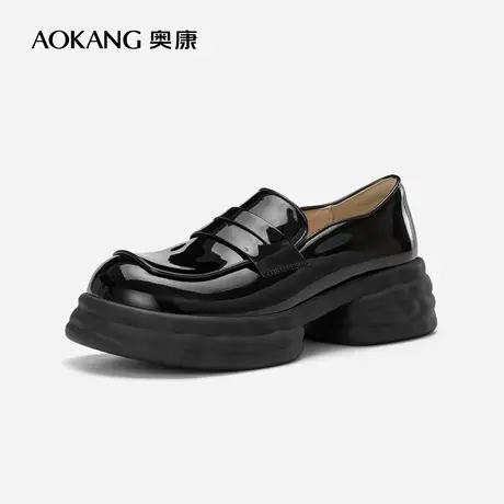 奥康女鞋2023年夏季新款时尚乐福鞋豆豆鞋粗跟厚底增高小皮鞋真皮图片