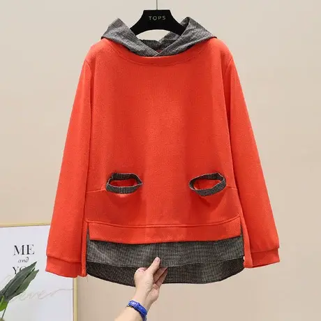 文艺宽松长袖连帽外套2023秋装新款拼接格子假两件百搭休闲卫衣图片