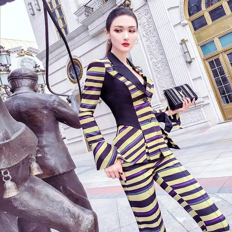 VJE秋季时尚撞色条纹女装套装新款欧美风西装外套长裤两件套图片