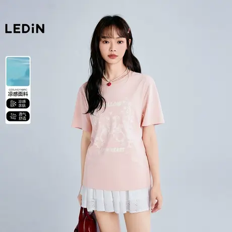 【商场同款】乐町韩系凉感宽松短袖夏粉色少女感花卉T恤C1CNF2601图片