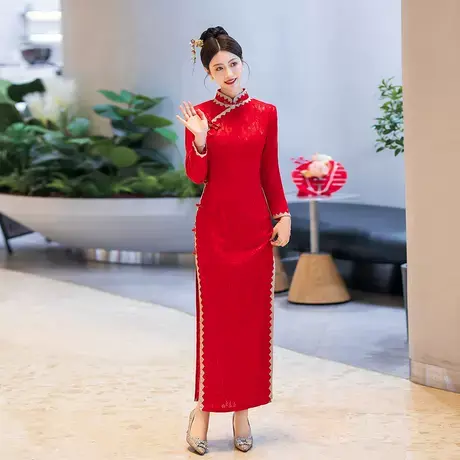 秋冬长袖红色外嫁女姐妹团回娘家中式礼仪迎宾颁奖新娘旗袍礼服装图片