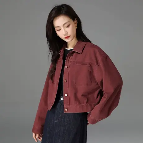 短款宽松显瘦红色牛仔外套女春秋季小个子女装休闲落肩小翻领上衣商品大图