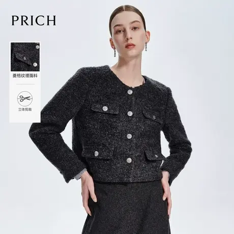 【绵羊毛+马海毛】PRICH时髦小香风毛绒保暖圆领通勤短外套女图片