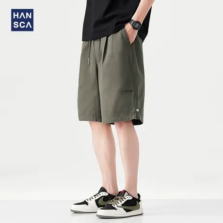 hansca纯棉斜纹休闲短裤男2025夏季复古百搭压褶设计潮流五分裤子图片