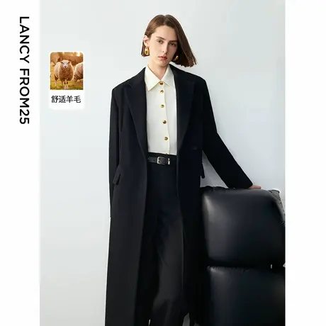 朗姿羊毛高级感气质超好看中长款黑色呢子大衣2024冬新款毛呢外套图片