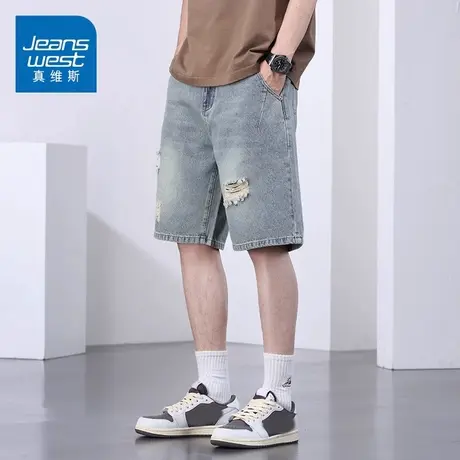 KZ真维斯夏季薄款破洞牛仔短裤男士五分中裤衩马裤子休闲2024新款商品大图