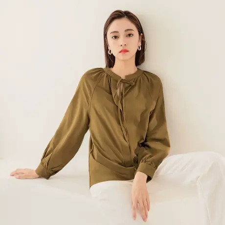 桔熊春秋季简约纯色柔软垂感宽松圆领泡泡袖上衣女装大码AB17890图片