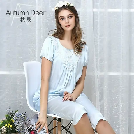 秋鹿夏季新品睡衣女士棉质薄款短袖七分裤套装梭织贡缎家居服商品大图