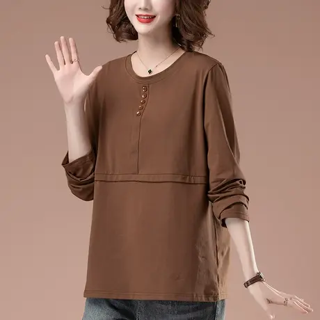 纯棉长袖t恤女春季加肥加大码女装宽松中年妈妈显瘦减龄打底衫女商品大图