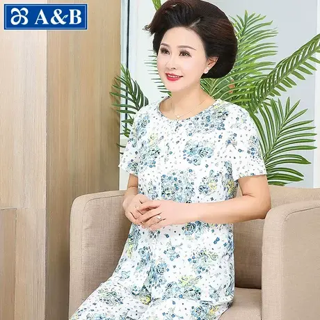AB妈妈装纯棉家居服开衫短袖长裤套装中老年人休闲加肥加大码夏季商品大图