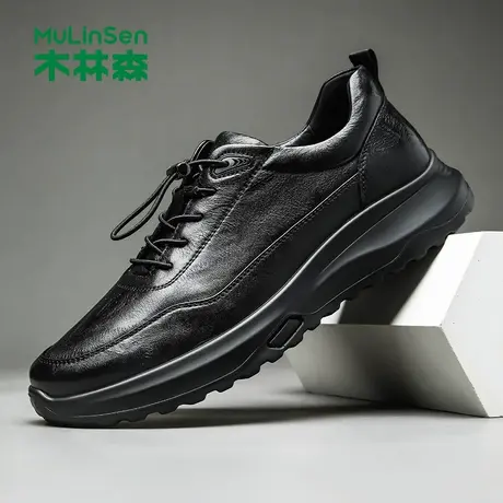 木林森男鞋春秋一脚蹬运动皮鞋黑色通勤高端头层牛皮宽脚爸爸鞋子商品大图
