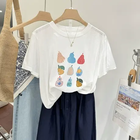 夏季新款韩系百搭水果印花宽松显瘦薄款减龄短袖T恤女雪花棉上衣商品大图