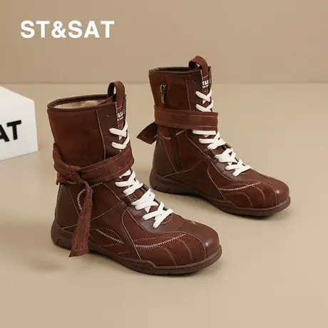 St&Sat/星期六复古拳击靴女秋冬马丁靴骑士靴美拉德中筒西部短靴图片