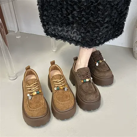 厚底百搭乐福鞋女2025年新款秋季增高系带休闲鞋气质小个子勃肯鞋图片